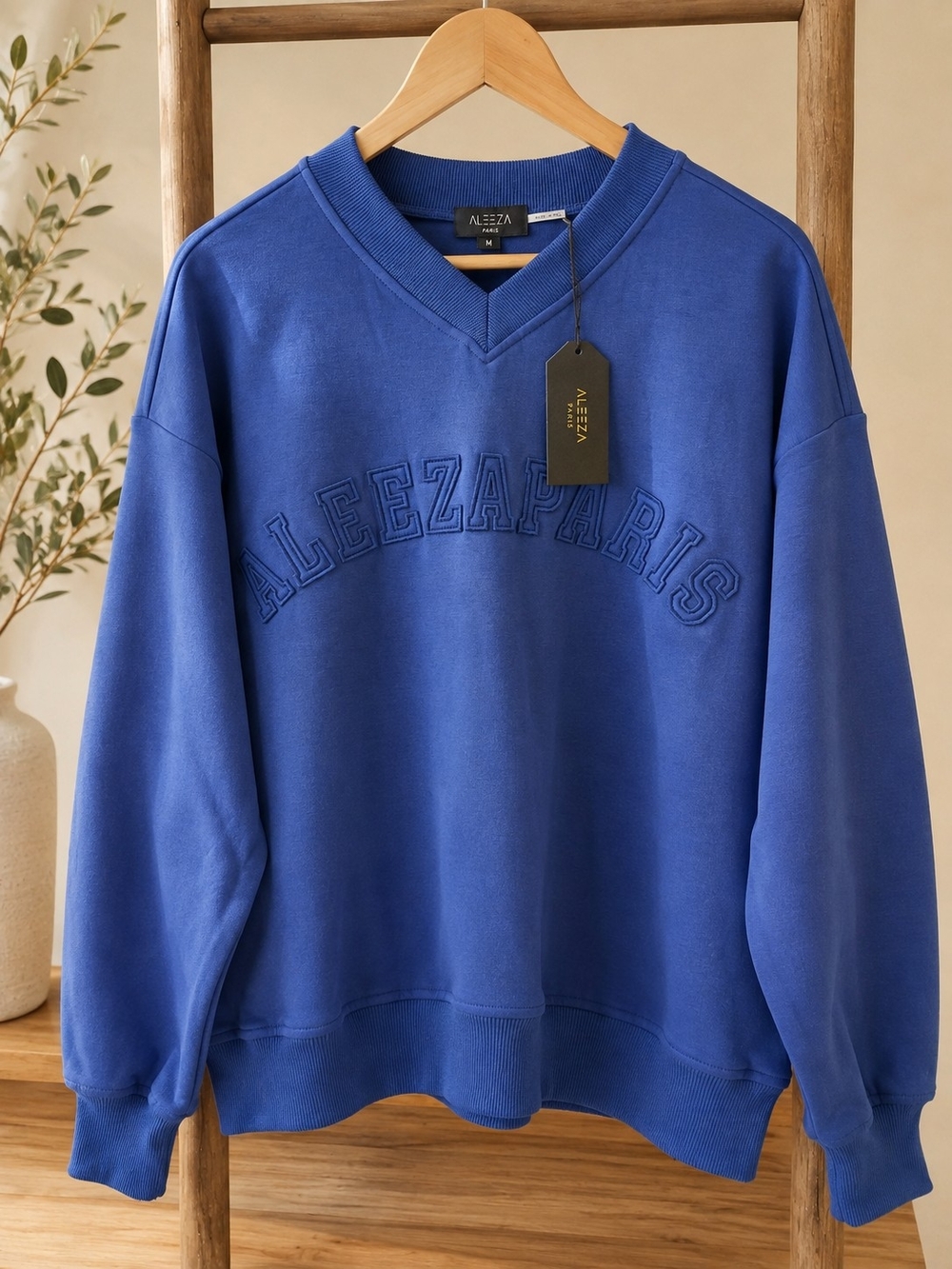 Aleeza Paris T975 Cobalt Blue Logo V-Neck Sweatshirt M NWT